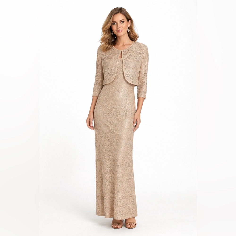 Vintage Tan Beaded Lace Evening Gown & Jacket Formal Special Occasion Wedding